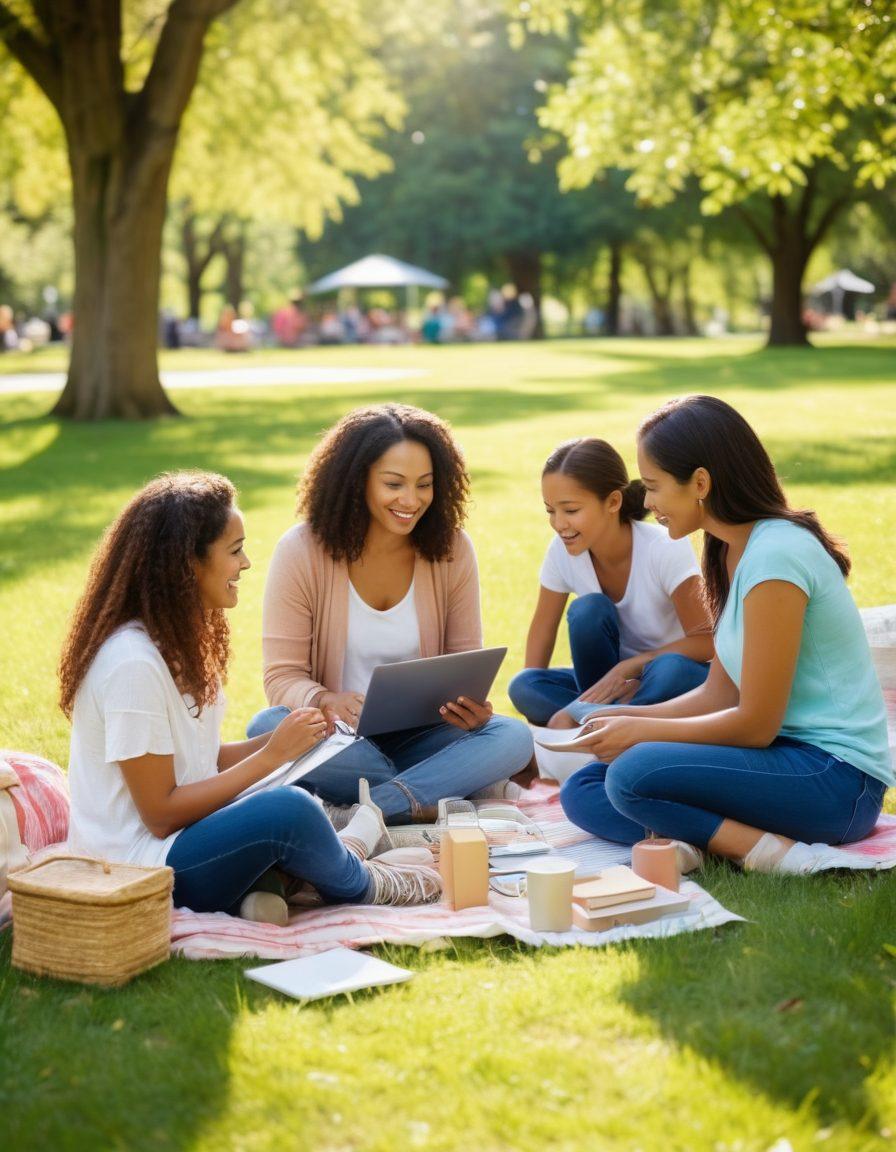 A cozy, inviting scene of diverse moms sharing ideas in a sunny park, surrounded by nature. Include a picnic setup with laptops, notebooks, and coffee cups, depicting an atmosphere of collaboration and support. Integrate happy children playing nearby, showcasing a sense of community. soft focus, vibrant colors, warm lighting.