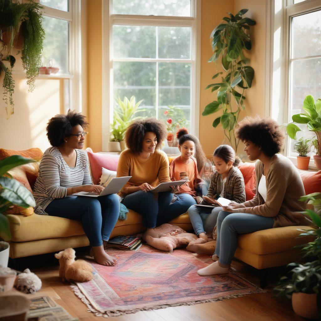 A warm and inviting scene of a diverse group of mothers sharing ideas in a cozy living room, surrounded by children's toys and vibrant plants. They are engaged in a lively discussion, with laptops, notebooks, and cups of coffee at hand, highlighting the balance of motherhood and blogging. Soft natural light filters through a nearby window, creating a cheerful atmosphere. Capture the essence of community, support, and creativity. super-realistic. vibrant colors. warm tones.