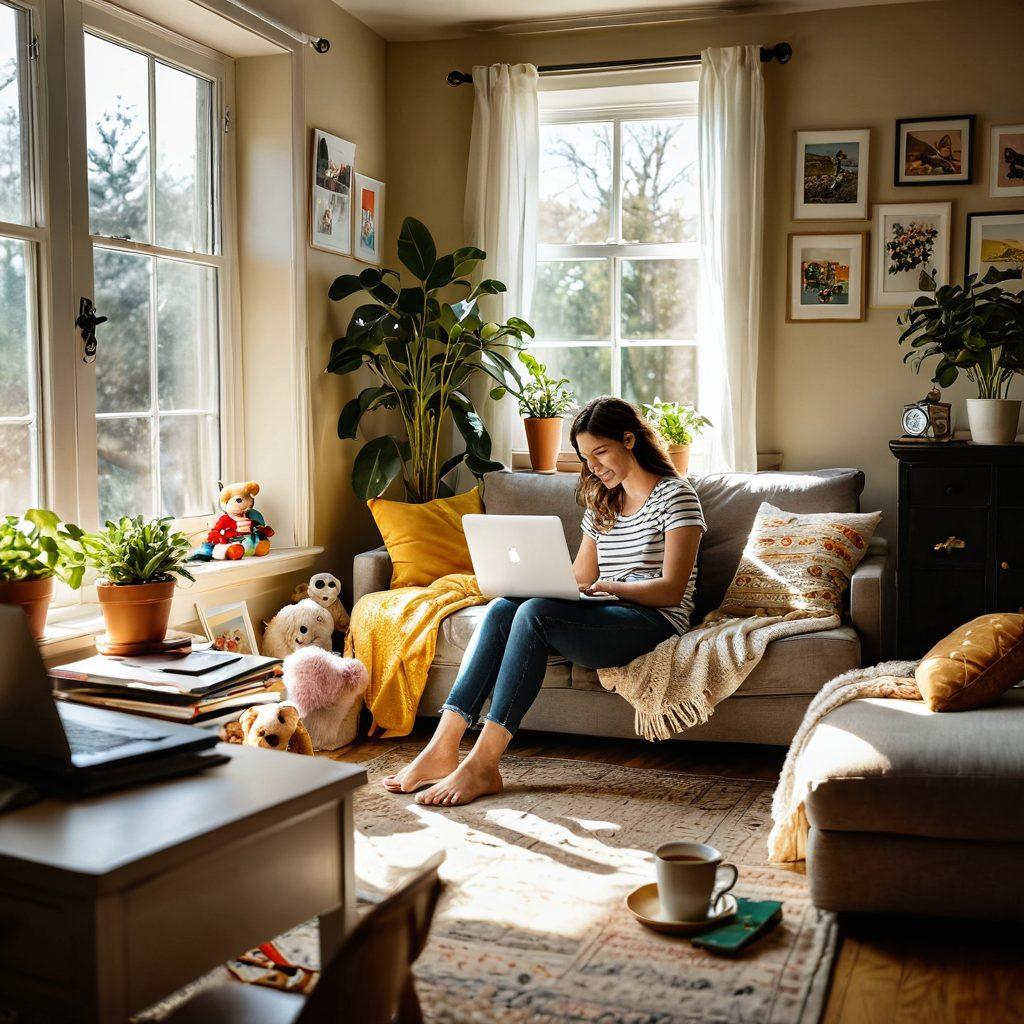A warm and inviting scene featuring a mother working on her laptop in a cozy living room filled with colorful children's toys and family photos on the wall, a cup of coffee beside her. Sunlight streams through a window, creating a cheerful atmosphere, with a little child playing at her feet. Elements of blogging, like a notebook and a plant, are present. super-realistic. vibrant colors. cozy interior.